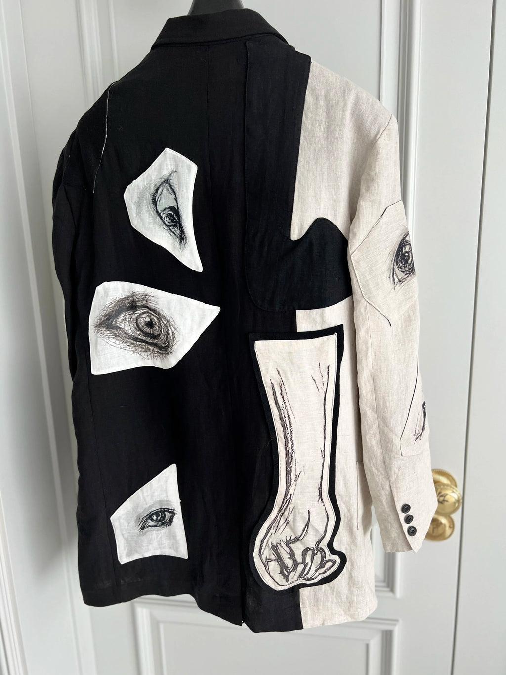 TOP-YAMAMOTO original design eye and hand linen patchwork patch suit Black and white suit
