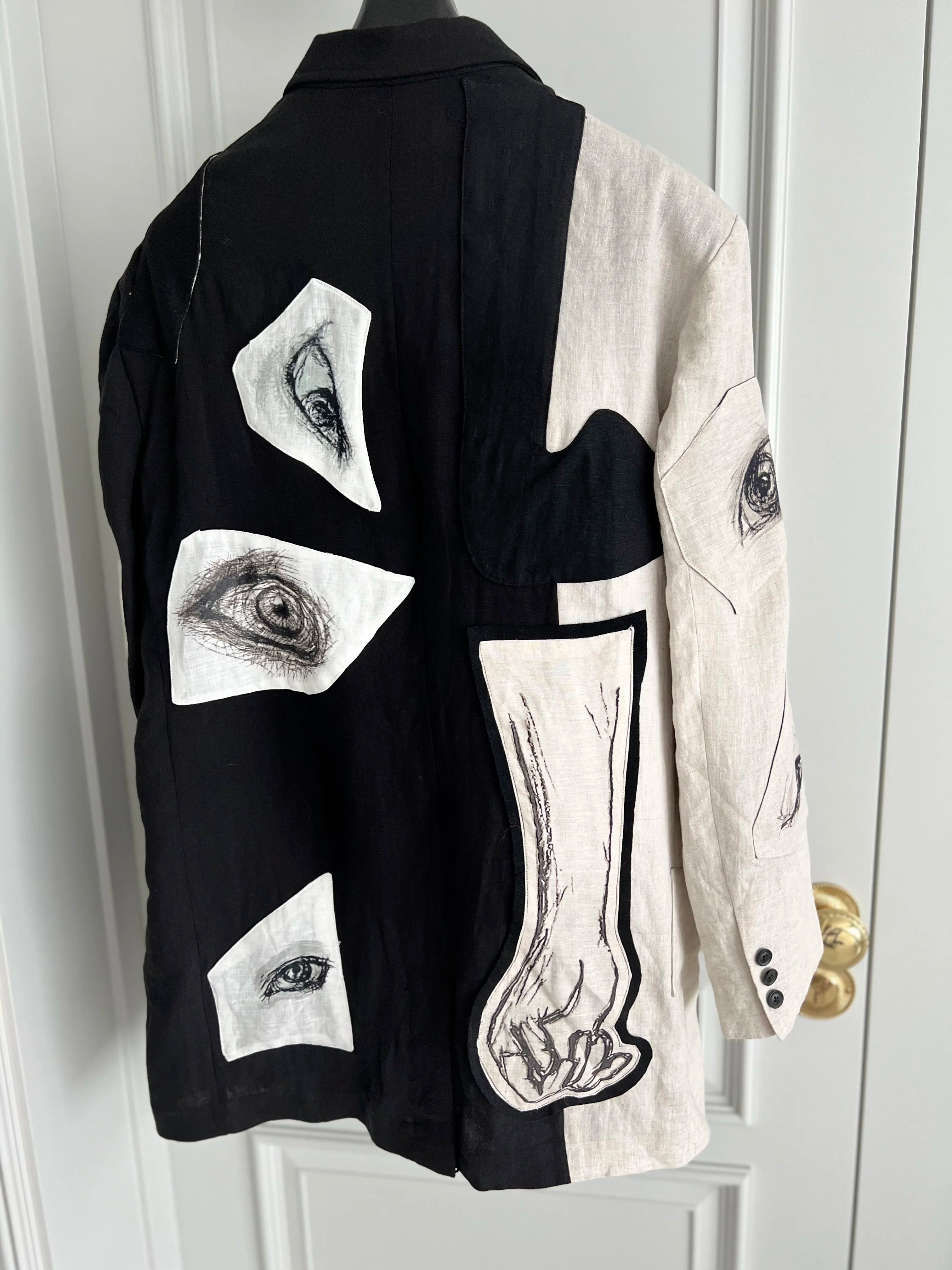 TOP-YAMAMOTO original design eye and hand linen patchwork patch suit Black and white suit