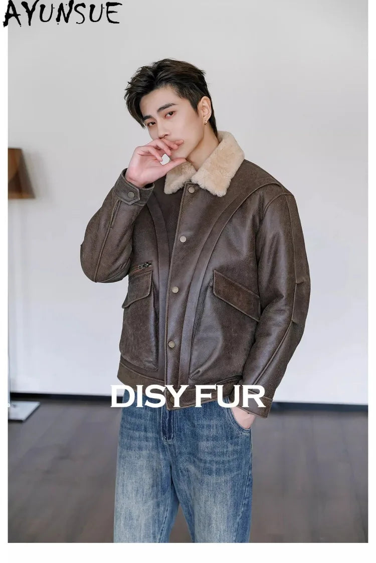 AYUNSUE Natural Sheepskin Fur Coat Men Autumn Winter New Short Real Wool Man Vintage Leather Jacket Motorcycle Fur Coats Jackets