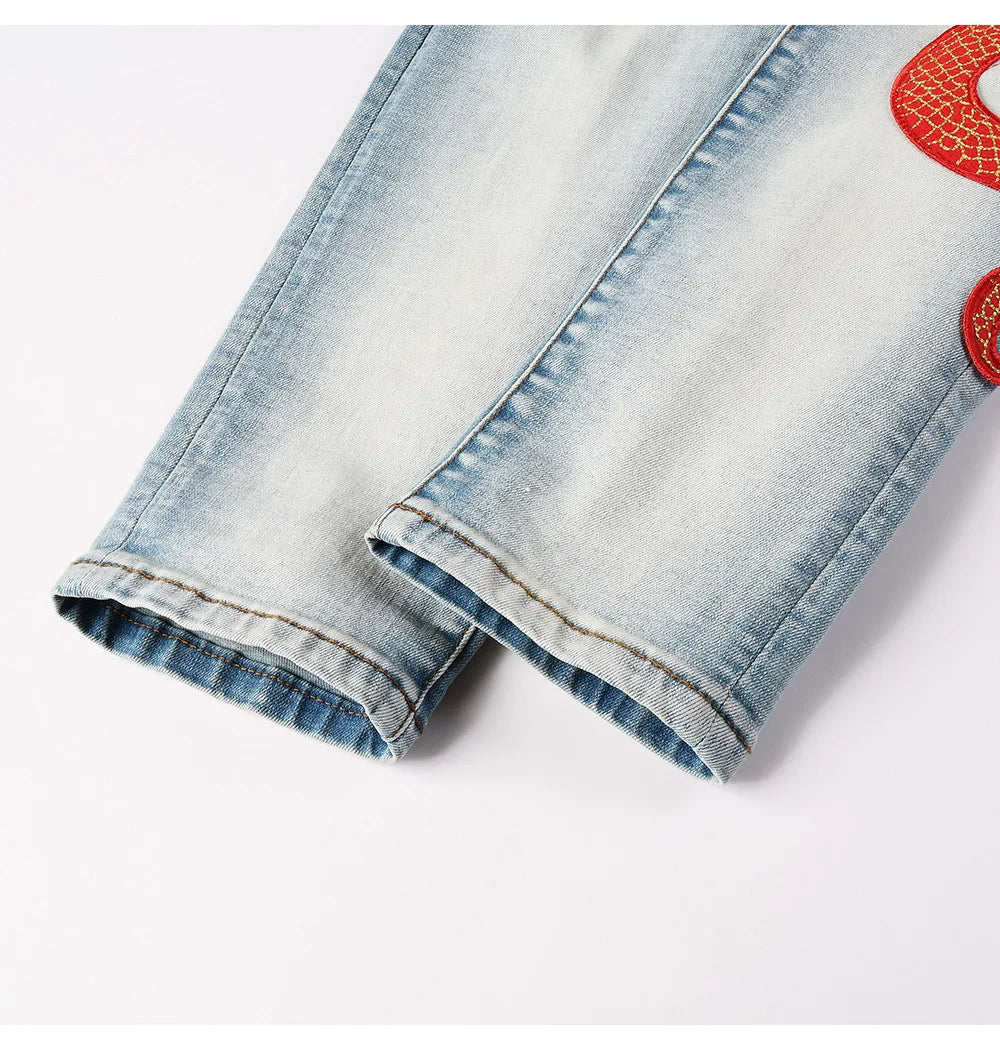 Men's Snake Embroidery Skinny Jeans Streetwear Red Leather Patch Pants Holes Ripped Distressed Denim Tapered Trousers