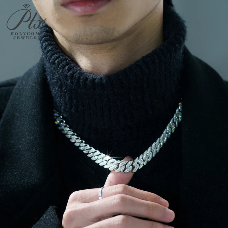 Full Diamond Cuban Necklace Moissanite 925 Silver Plated with 18K Gold Hip Hop Jewelry 18inch Prong Link Choker Chain for Men