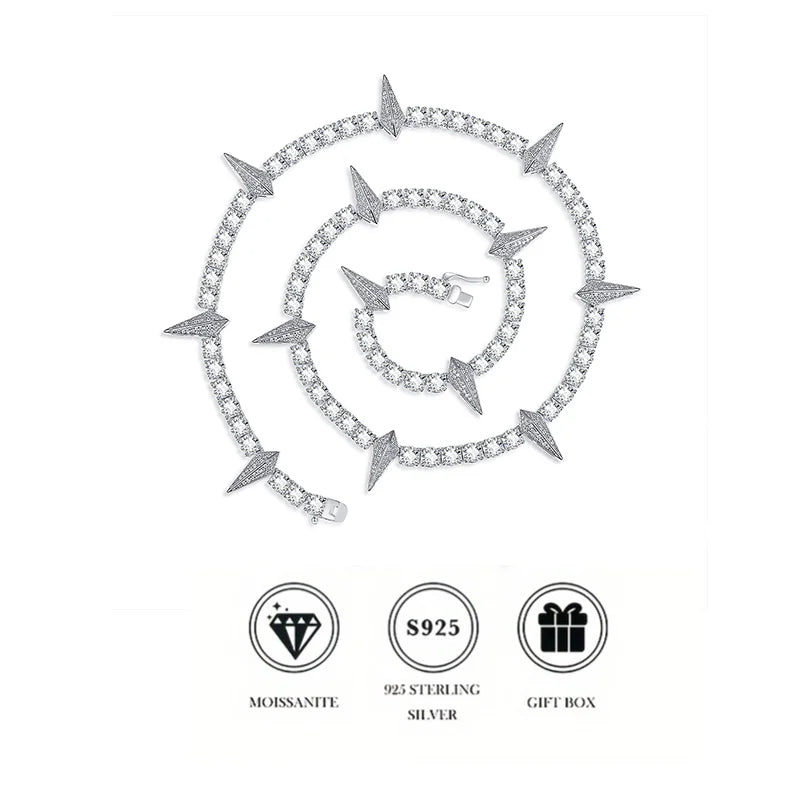 Luxury Spike Design Moissanite & CZ Necklace | S925 Silver with 18K Gold Plating | Hip Hop Jewelry