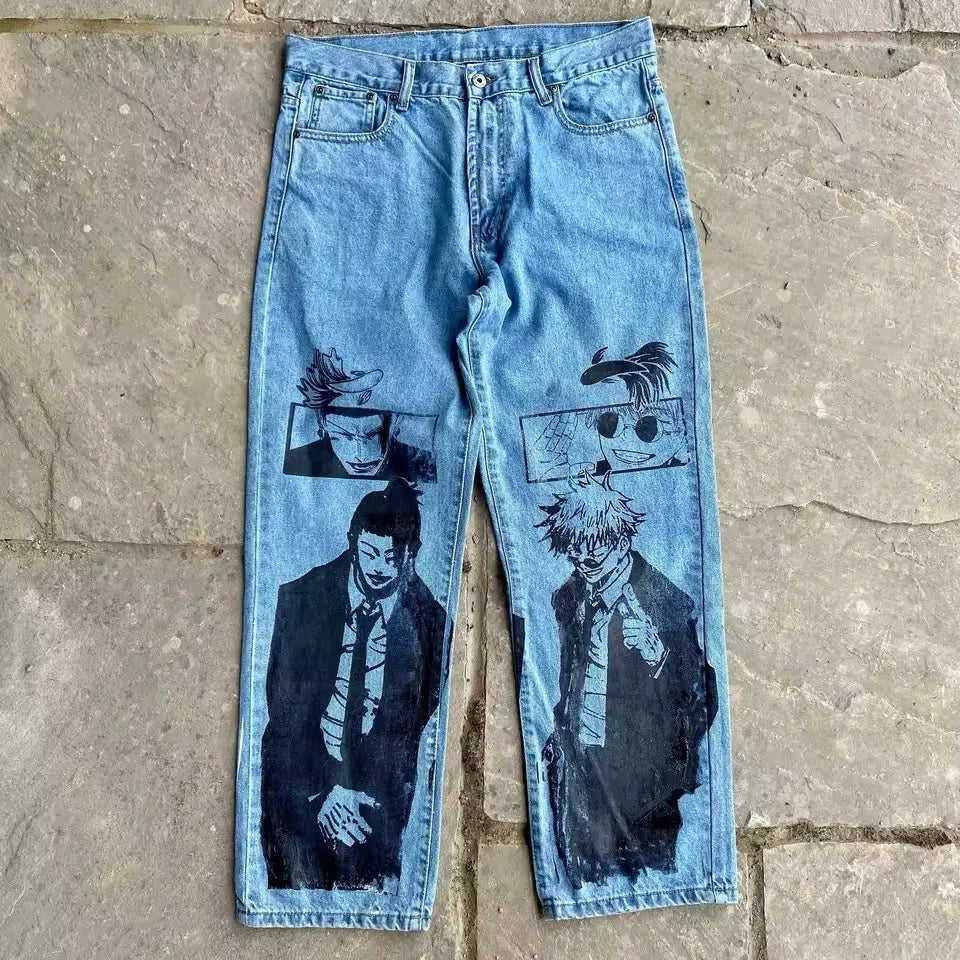 New Trend Printed Demon Slayer One Piece Jujutsu Kaisen Anime Characters Teen Loose Casual Jeans Japanese Retro Straight Jeans