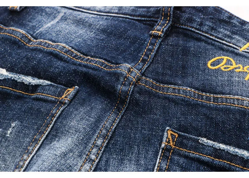 Latest designer fashion new men's jeans, washed, vintage painted embroidery, stretchy slim fit hombre