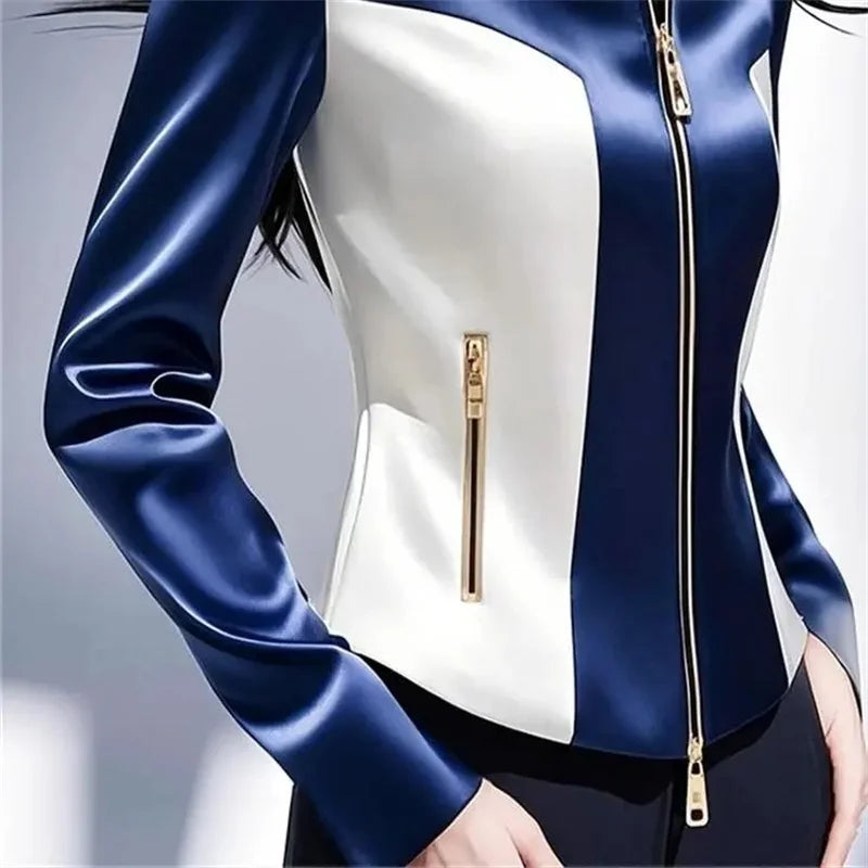 Contrast Satin Jacket Women's 2025 Early Spring Summer New Shirt Female High Quality Western-Style Waist Coat Zipper Tops Ladies