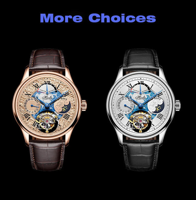 Haofa Automatic Flying Tourbillon Movement Watch Man Luxury Sapphire Skeleton Moon Phase Complete Calendar Watches For Men 8003