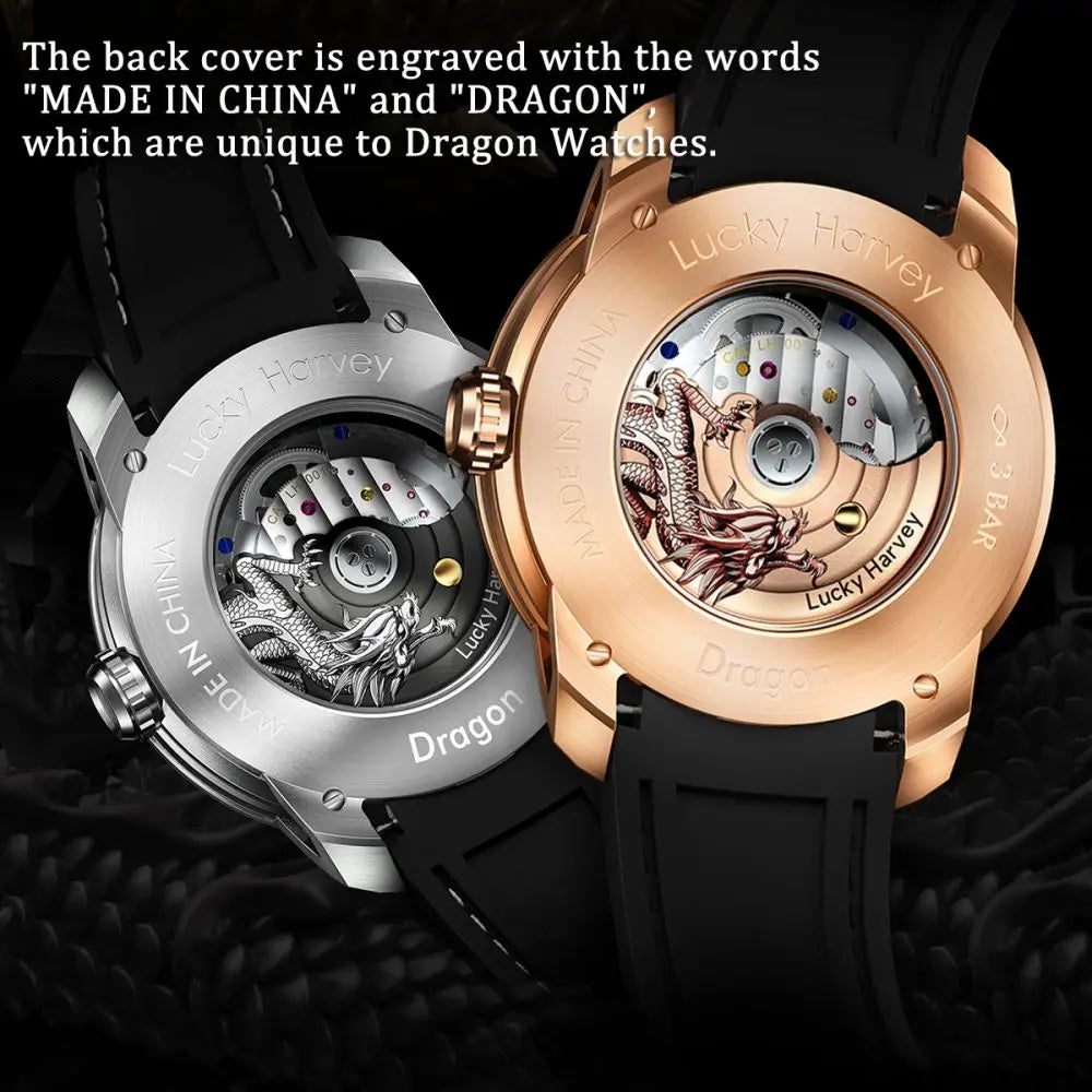 Lucky Harvey Automatic mechanical movement watches for men Synthetic sapphire 3D  Engraving Chinese dragon dial waterproof watch