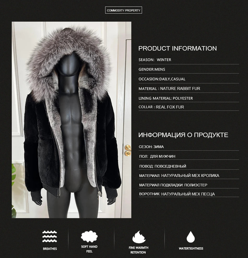 Men Rabbit Fur Coat Winter Short Real Rex Rabbit Fur Jacket With Hood Black Fur Coats Chinchilla Fur