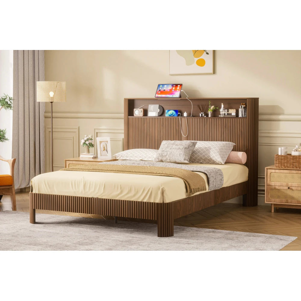 Queen-size slatted bed frame with storage, built-in charging ports, wave-shaped design, and metal support structure, Walnut