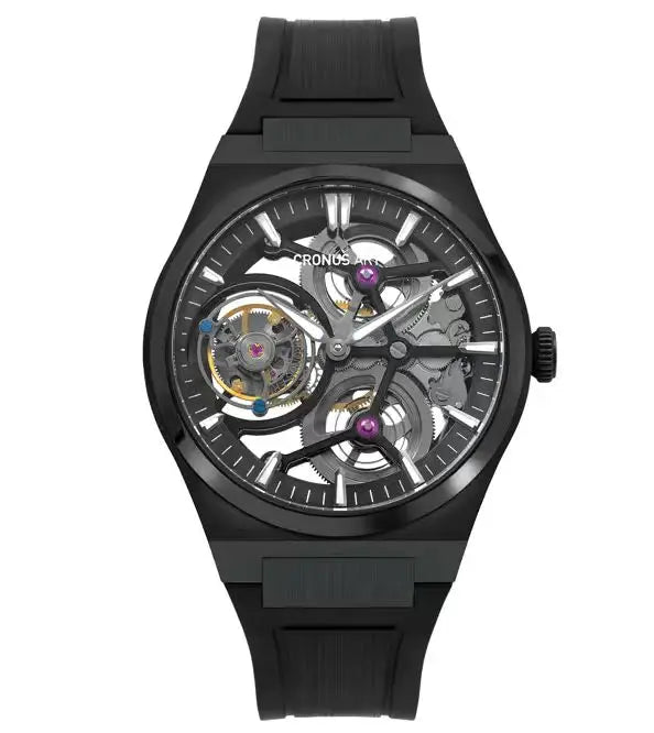 CRONUSART Men Tourbillon Watch 41mm Mechanical Wristwatch Titanium Case Sapphire Case Luminous FKM Strap Skeleton Dial