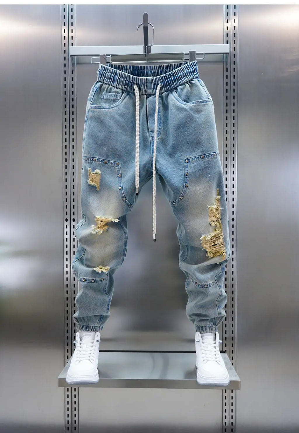 Men's distressed ripped drawstring and cuffed jeans with rivet embellishments high-street slim-fit trousers brand men clothing