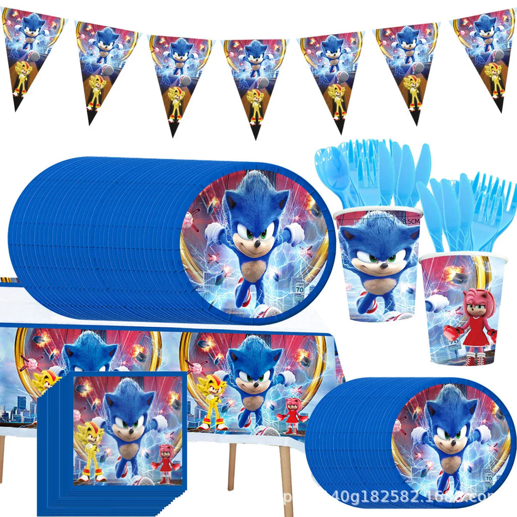 New Sonic Birthday Party Decoration Hedgehog Action Figure Party Paper Plate Knife Fork Paper Towel Cup Tablecloth Toy Kid Gifts