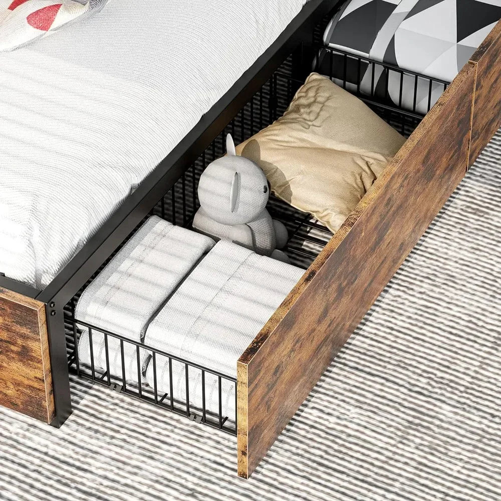 Queen Size Bed Frame, 4 Drawers And Heavy Strong Metal Support Frames