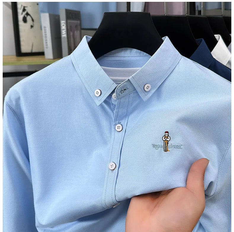 Light luxury fashion men's long sleeve shirt brand cartoon embroidery high-quality business casual solid color golf lapel top