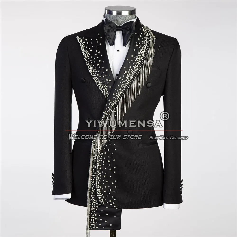 Luxury Jewelry Ornament Beaded Suits Men For Wedding Double Breasted Jacket Pants 2 Pieces Groomsman Tuxedo Customized Man Dress