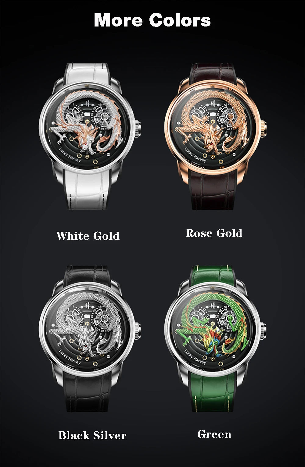 Lucky Harvey Automatic mechanical movement watches for men Synthetic sapphire 3D  Engraving Chinese dragon dial waterproof watch