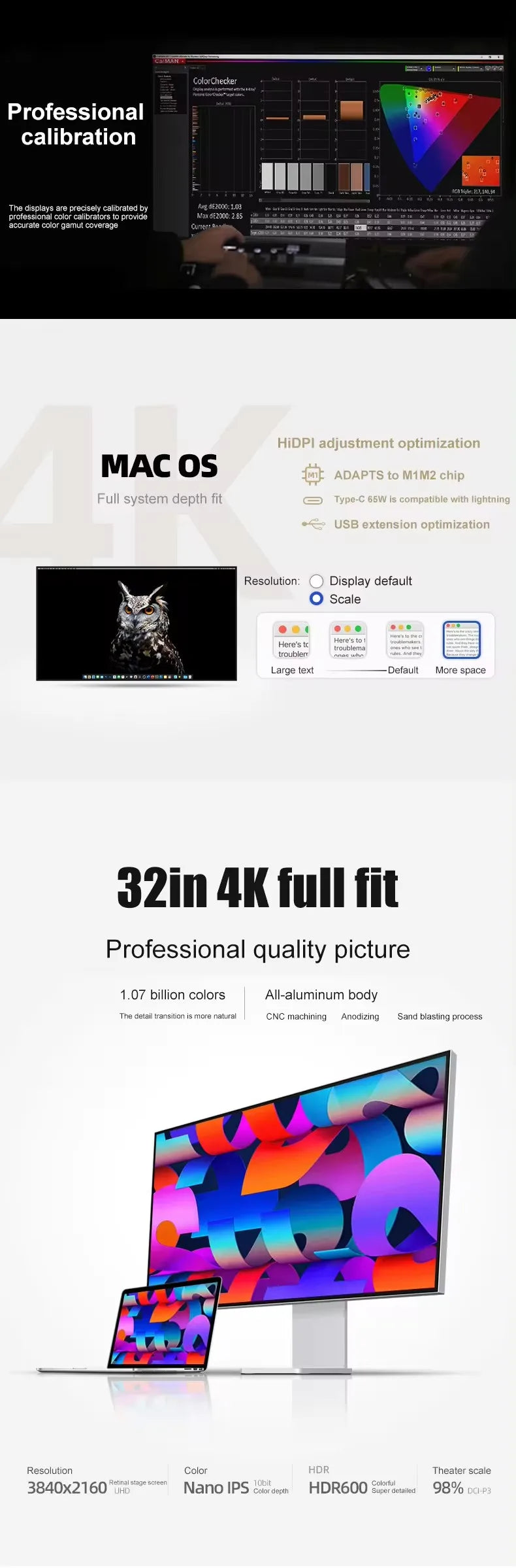 32 Inch LED Monitor 4K 3840*2160 HDR10 Feature 60Hz USB-C FOR MAC 100W HDR10 139PPI matt screen Display kuycon P32UB hole style