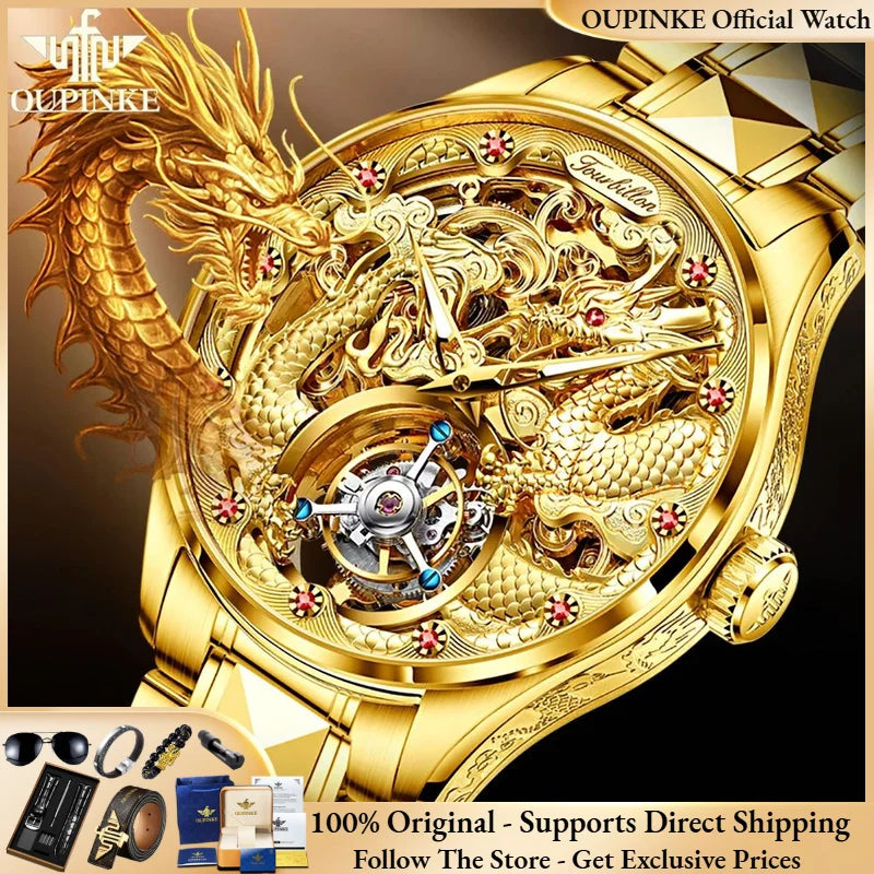 100% Golden Dragon OUPINKE 3176 True Tourbillon Watch Brand Luxury Tungsten Steel Men Automatic Mechanical Watch Reloj Hombre