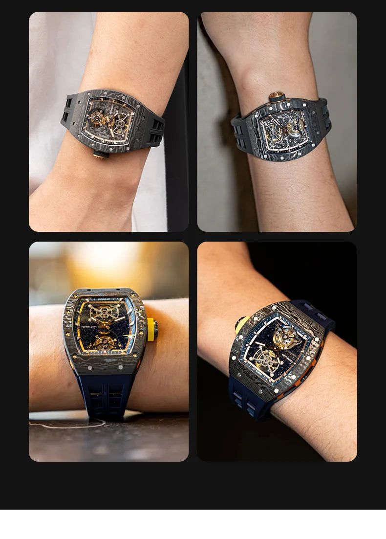 CRONUSART Men Tourbillon Watch 50mm Tonneau Mechanical Wristwatch Carbon Fiber Case & Dial Luminous Sapphire Mirror