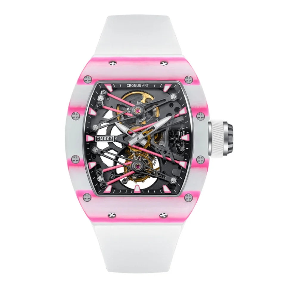 CRONUSART Men Tourbillon Watch Tonneau 50mm Mechanical Wristwatch Carbon Fiber Luminous Skeleton Dial Sapphire Mirror