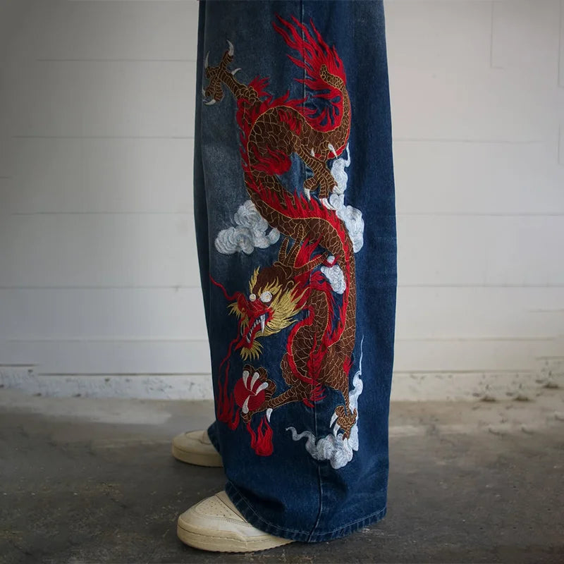 Y2K baggy Jeans Dragon Graffiti Embroidery High Waist Men Women Vintage Streetwear 2000s Harajuku Casual Loose Wide Leg Jeans