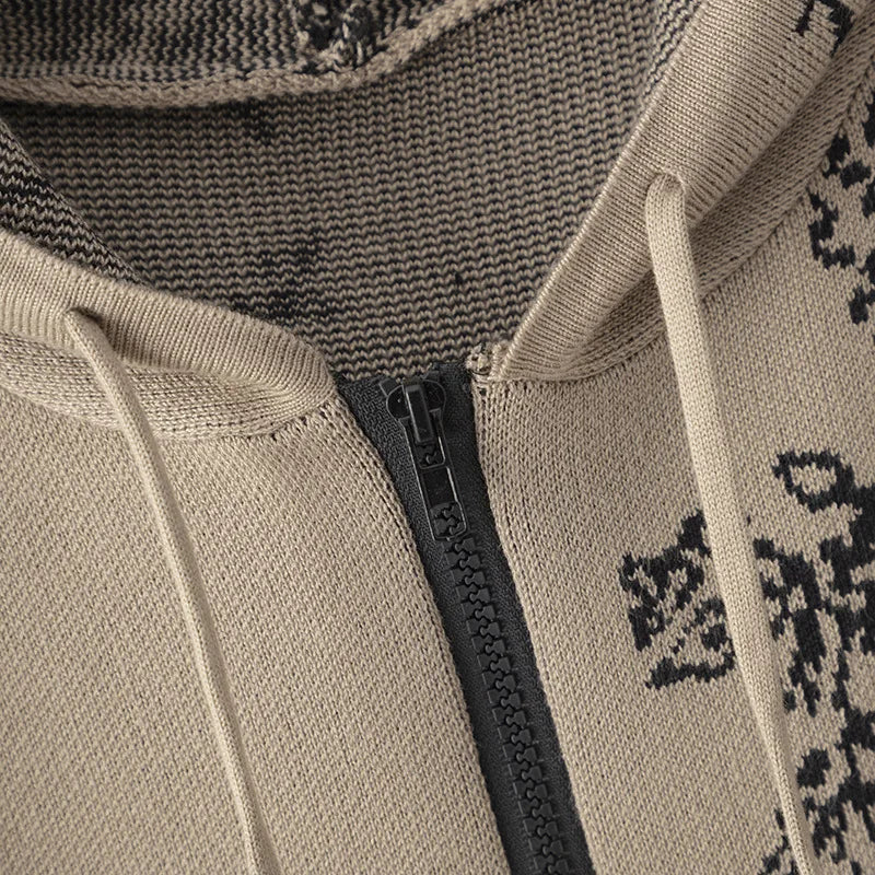 Korean Jacquard Design 2 Piece Sets Women Knitted Zipper Hooded Sweatshirt Tops Conjuntos High Waist Knitwear Sweatpants Outfit