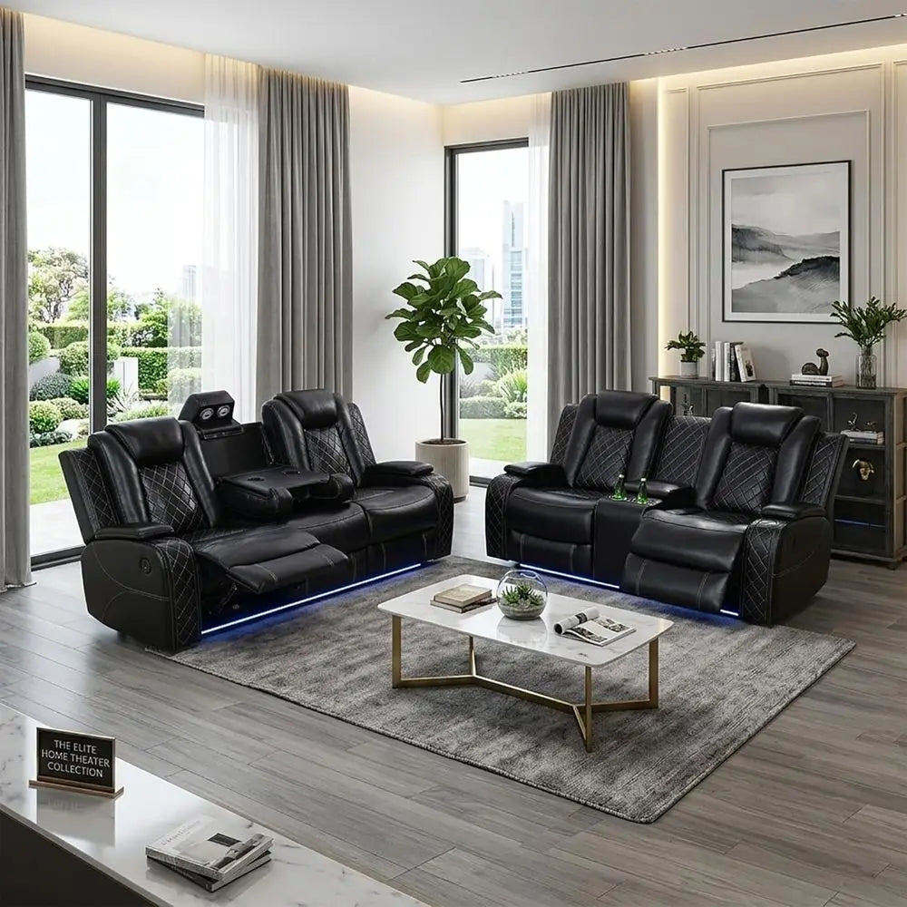 2-Piece Leather Power Reclining Sofa Set with USB Ports, LED Lighting and Storage, Ergonomic Sectional Couch, Home Theater Seati