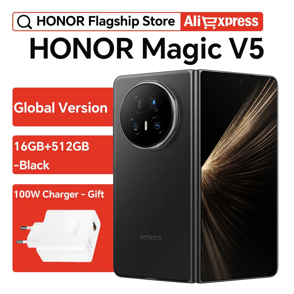 Global Version HONOR Magic V5 5G Smartphone Snapdragon 8 Elite 7.95" Foldable OLED 5820mAh Battery Support 66W SuperCharge eSIM