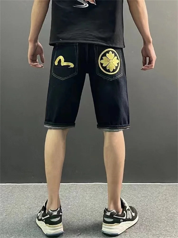 Men Embroidery Denim Shorts Black Hiphop Jeans Pants Cherry Blossom Dragon Totem Washed Zipper Cotton Summer cherry blossoms 024