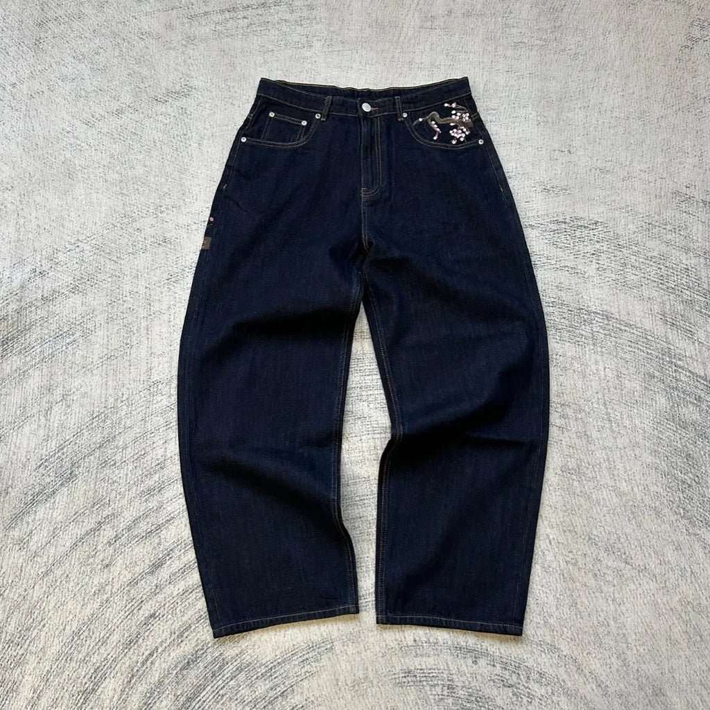 blossom embroidered pattern jeans Y2K loose men women zipper jeans wide leg pants Gothic Harajuku American style streetwear