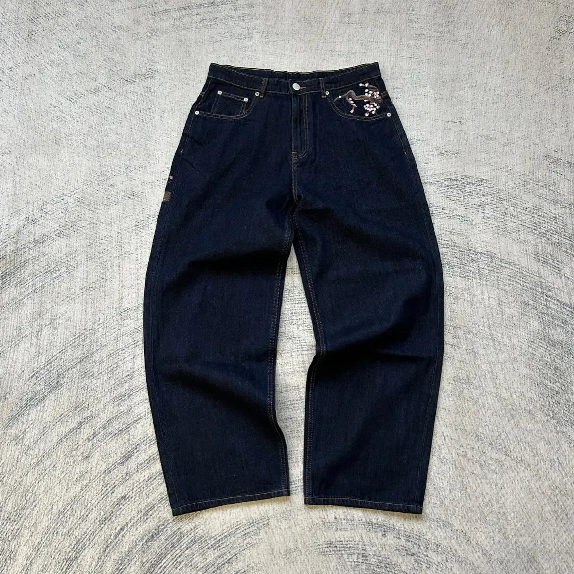 blossom embroidered pattern jeans Y2K loose men women zipper jeans wide leg pants Gothic Harajuku American style streetwear