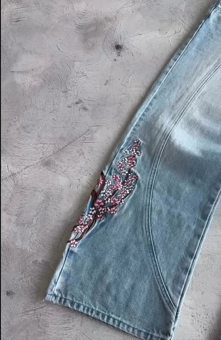 Vintage Cherry Blossom Black Knight Embroidery Jeans Y2k Retro Baggy Straight Denim Pants Blue Wash Jean Men Clothing Streetwear