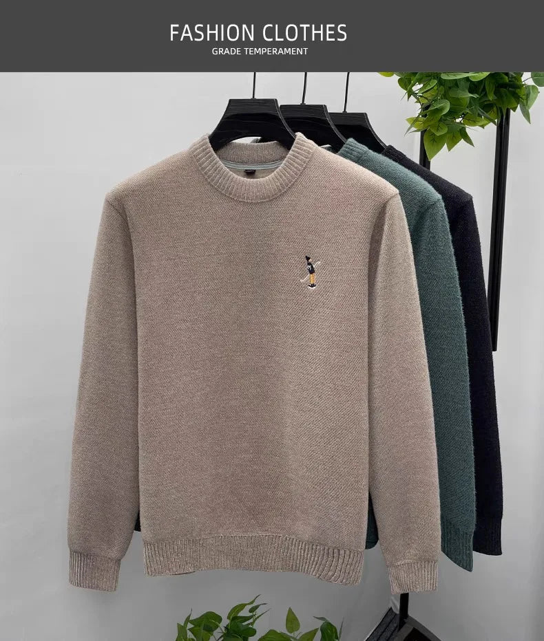 High quality men's round neck knitted sweater autumn winter new Korean style fashion cartoon embroidery thick casual pullover