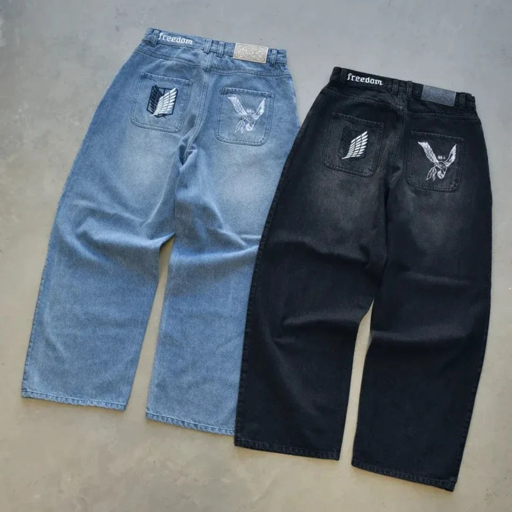 Y2K Japanese AOT Freedom Wings Embroidery Jeans Men Women Wide Leg High Waist Denim Pants Wings of Liberty Patch Blue Black Jean
