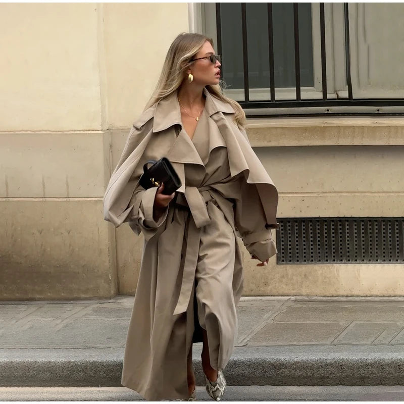 Solid Lace Up Long Trench Coat Women Fashion Full Sleeve Lapel Single Breasted Loose Outerwear 2026 Lady Spring High Street Coat