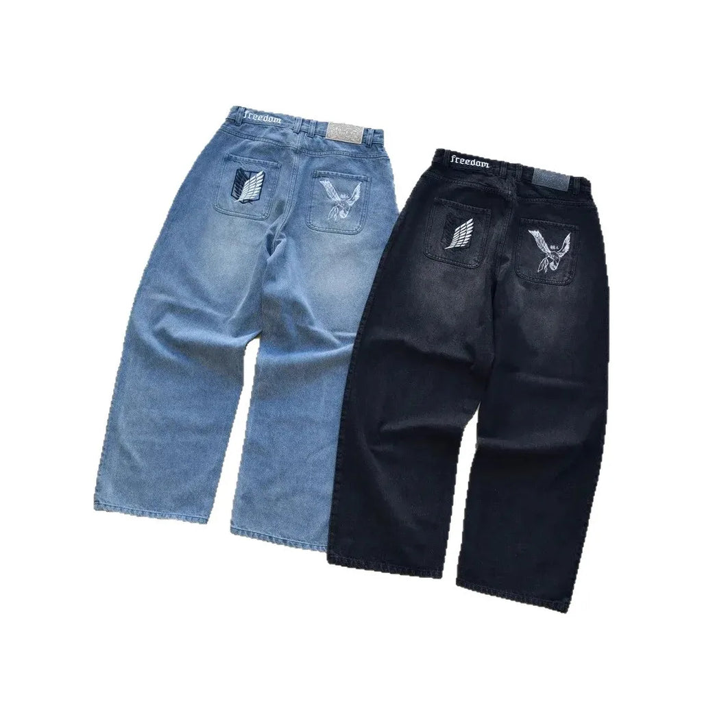 Y2K Japanese AOT Freedom Wings Embroidery Jeans Men Women Wide Leg High Waist Denim Pants Wings of Liberty Patch Blue Black Jean