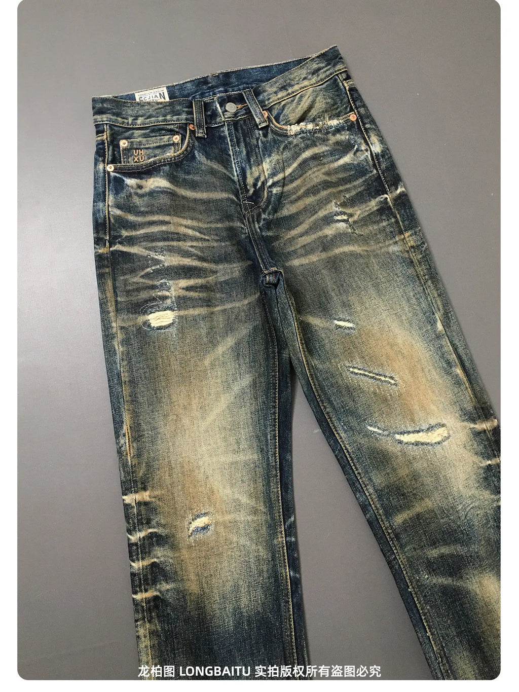 Heavyweight American Retro 100% Cotton Jeans for Men High-Street Ripped and Patched Non-Stretch Premium Loose Straight-Leg Pants