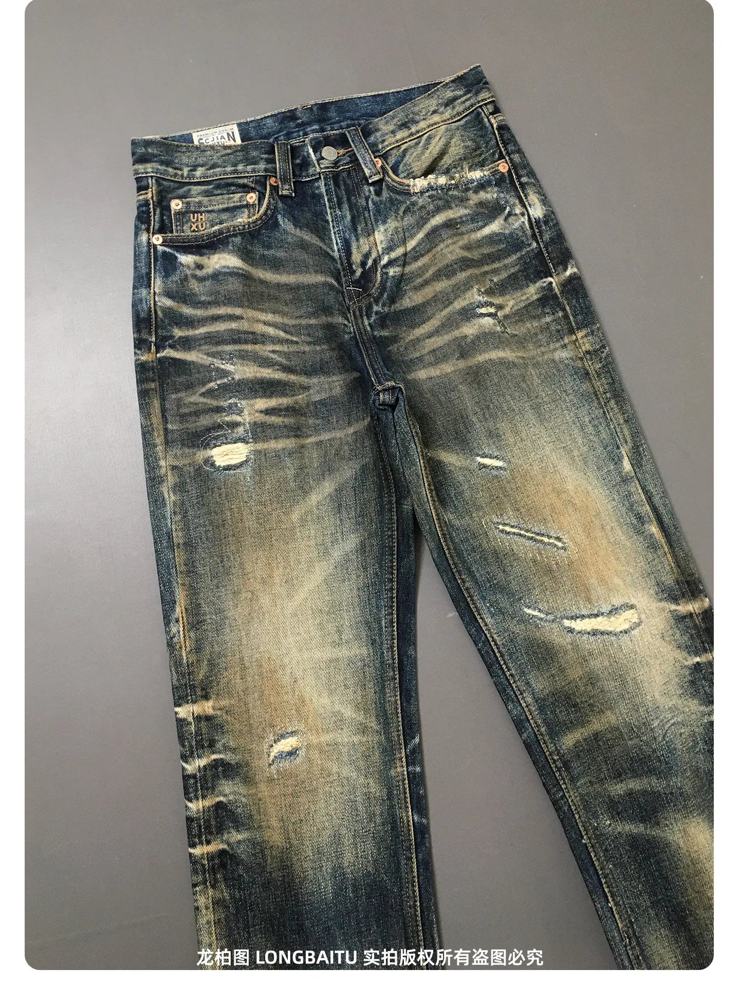 Heavyweight American Retro 100% Cotton Jeans for Men High-Street Ripped and Patched Non-Stretch Premium Loose Straight-Leg Pants