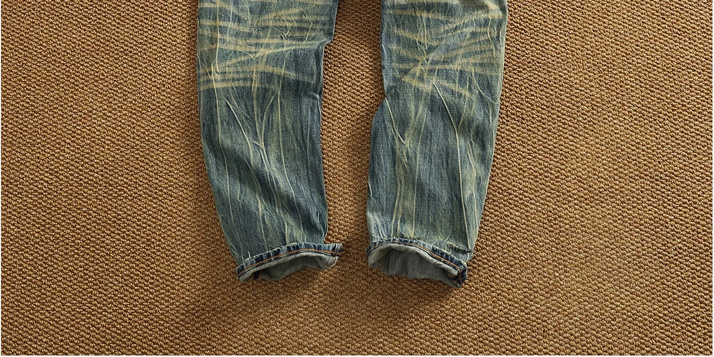 2025 Autumn New American Retro Heavyweight Ripped Denim Men's Fashion 100% Cotton Washed Old Straight Tapered Casual Jeans