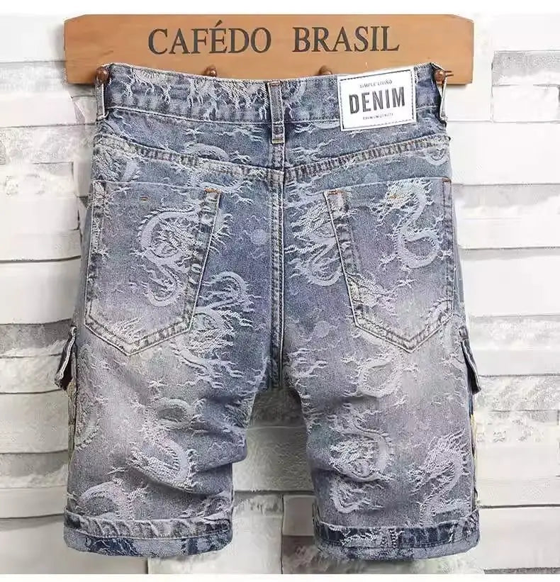 Dragon Embroidered Pants Men's Denim Shorts Men's Summer Thin Overalls 2025 New Designer Five-point Jeans Y2k Clothes Man