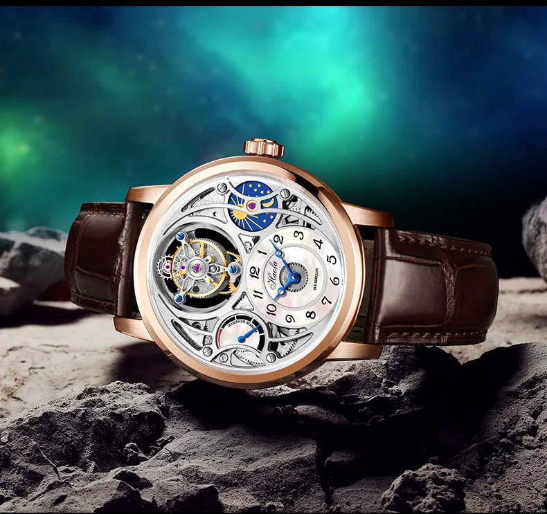 Haofa Manual Tourbillon Watch for Men Moonphase Energy Display Dial Skeleton Movement Sapphire Mechanical Wristwatches 1939