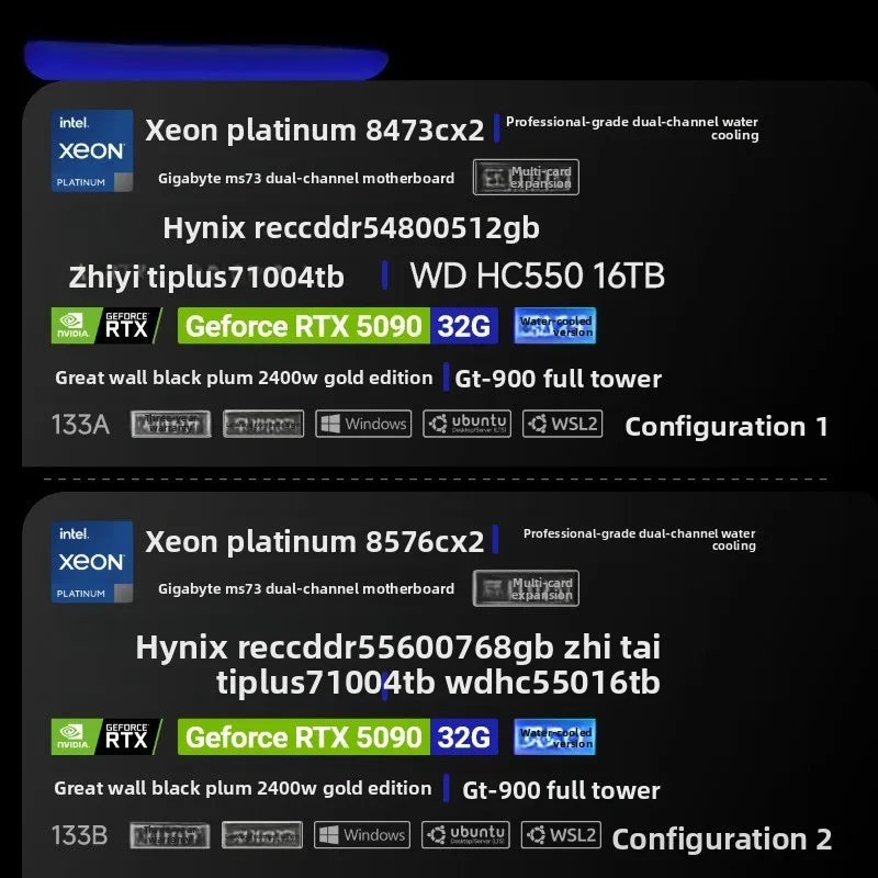 5090 water-cooled version dual-CPU host professional grade Xiaolong ultra-quiet tower AI computer workstation
