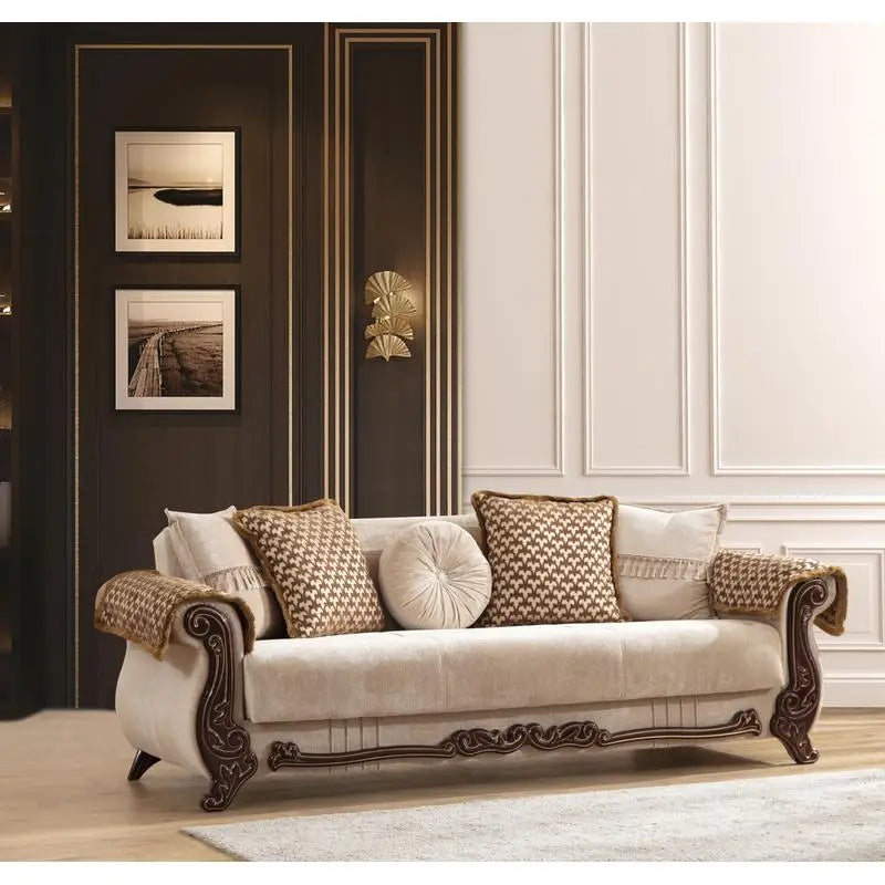 Beige Chenille Upholstered 2-Piece Living Room Set with Wood Frame