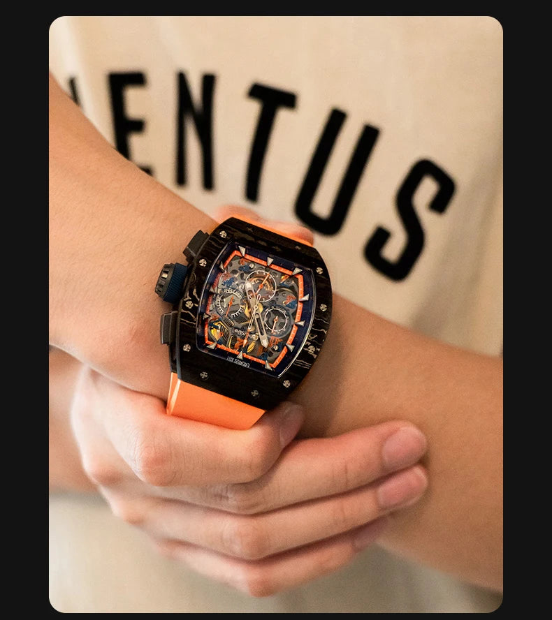CRONUSART Men Automatic Watch 50MM Chronograph Tonneau Mechanical Wristwatch Sport Carbon Fibre Case Luminous Fluororubber Strap