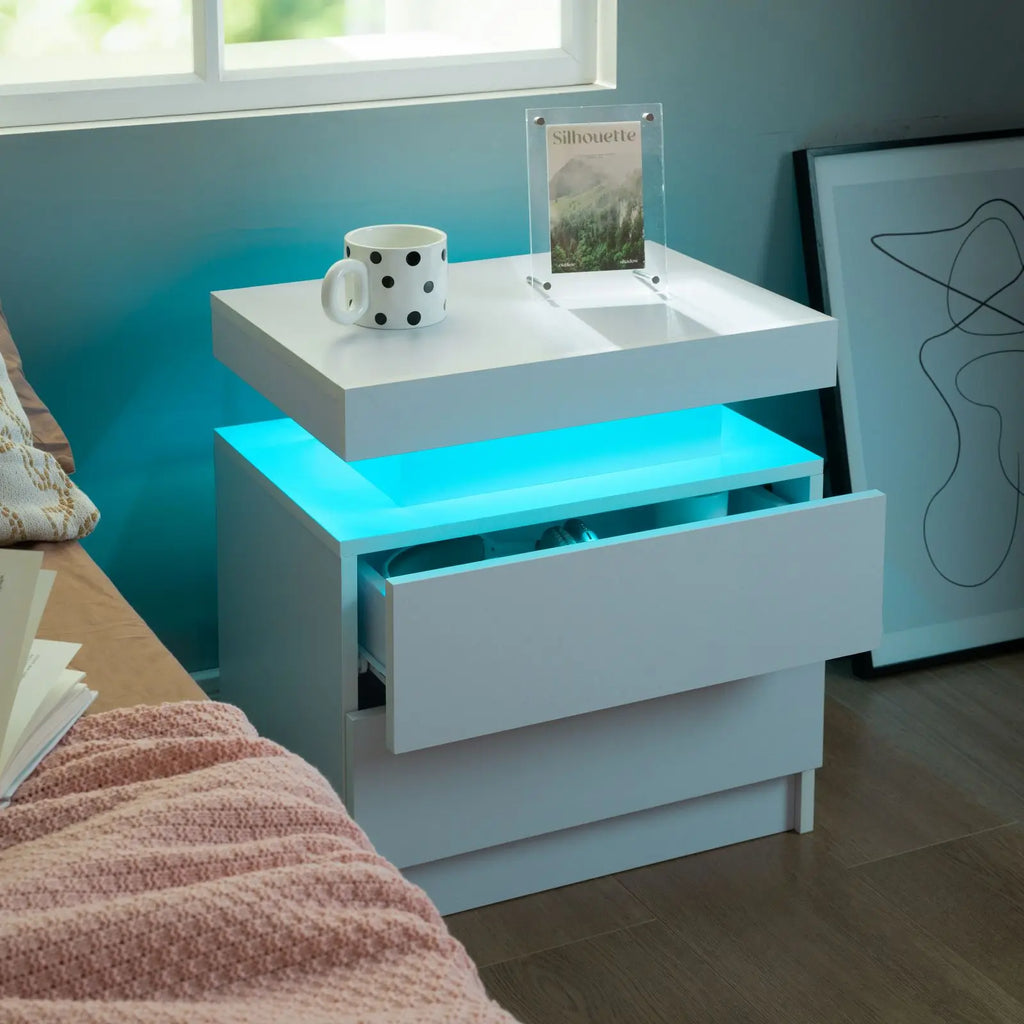 Cubehom Nightstand Set of 2 LED Nightstand with 2 Drawers,Night Stand  with LED Light,Bedside Table with Drawers for Bedroom