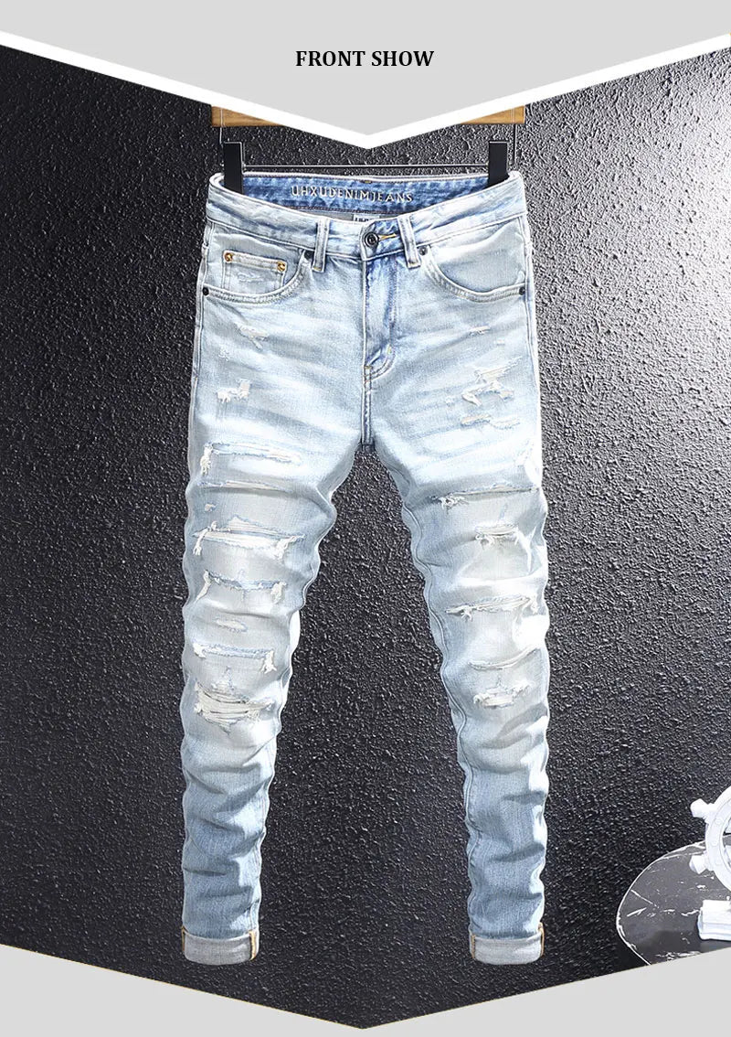 Fashion designer men's retro washed light blue elastic slim fit printed corrugated jeans men's Italian style retro denim pants h