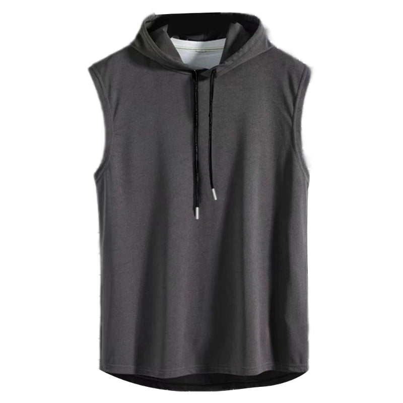 Mens Summer Sleeveless Drawstring Hooded for Tank Top Solid Color Gym Fitness Sports T-Shirt Hip Hop Loose Blouse Vest