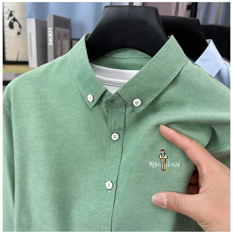 Light luxury fashion men's long sleeve shirt brand cartoon embroidery high-quality business casual solid color golf lapel top