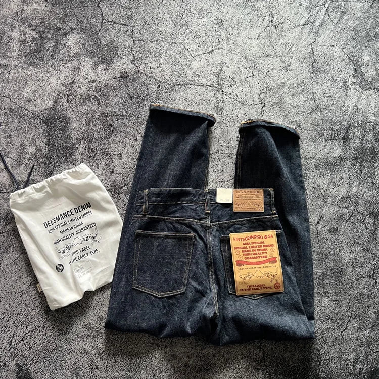 15oz Heavyweight Thick Selvedge Indigo Denim Jeans Sakura Ruffle 2025 Spring 100% Cotton Loose Straight Pants Japanese Men