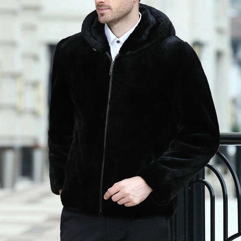 Real Men Mink Fur Coat With Hood Winter Warm Full Pelt Fur Classic Black Color Luxurious Thick Mens Coats 2023 Outwear Jacket
